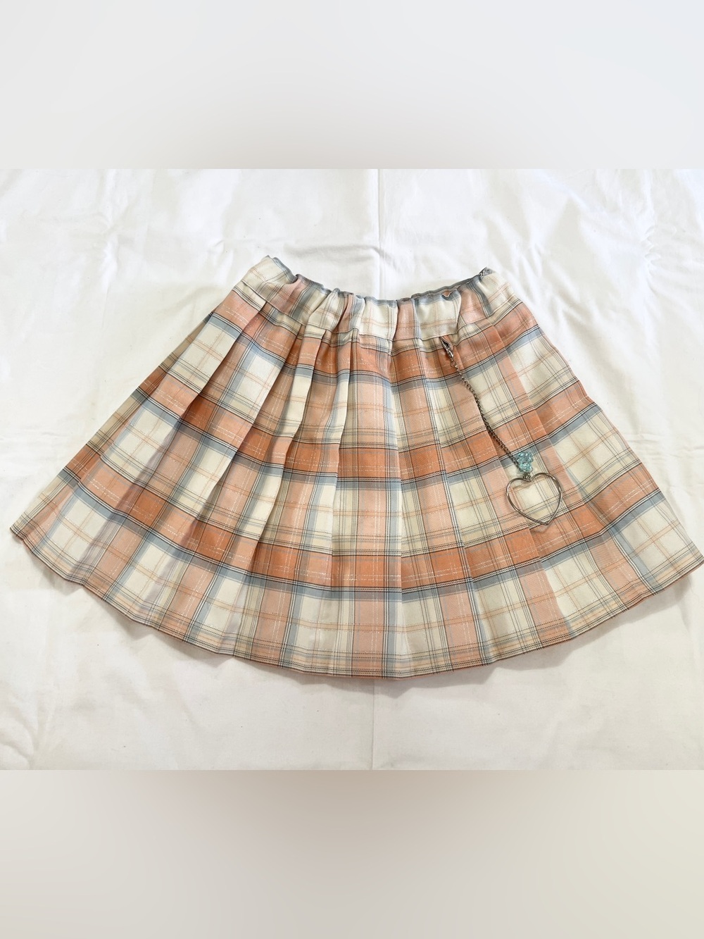 Plaid Mini Skirt in Peach Cream with Heart Charm